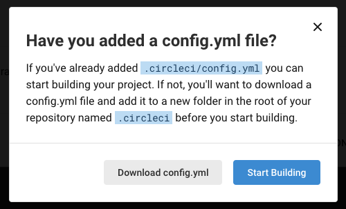 Popup confirming the config file for the CircleCI build